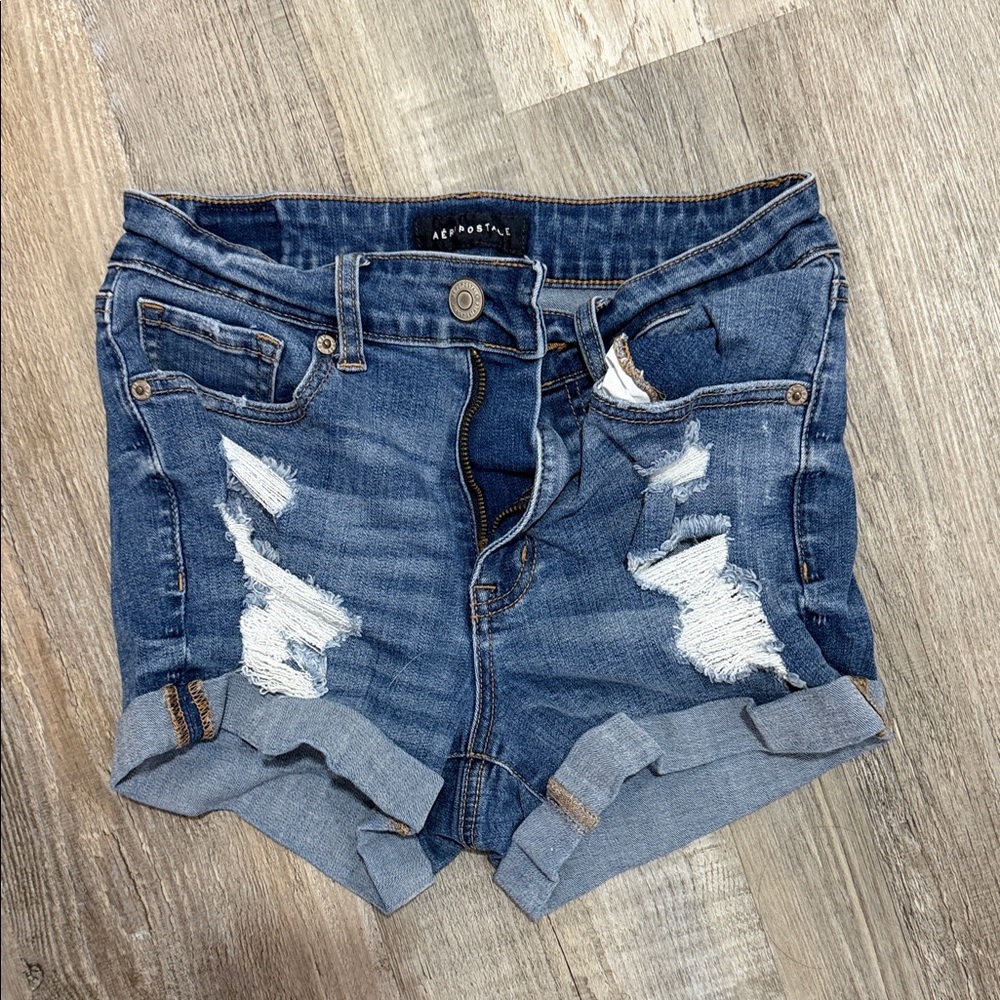 Aeropostale Distressed Blue Roll-Cuff Denim Shorts